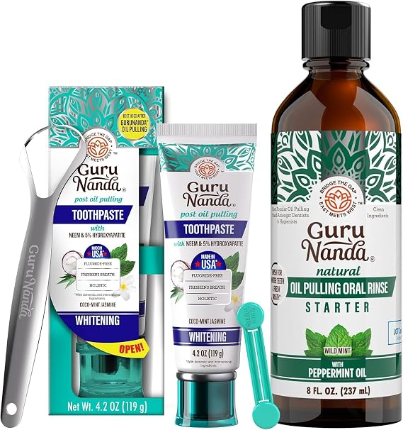 GuruNanda Ayurvedic Smile Essentials Oil Pulling with Coconut & Peppermint & SLS-Free Hydroxyapatite Toothpaste with Neem for Fresh Breath & Gum Care