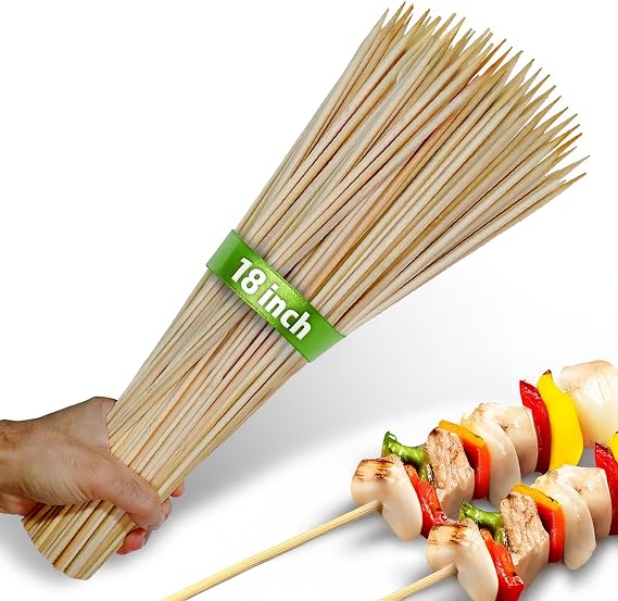 100pcs 18" long Bamboo Skewers Sticks for Grilling BBQ Kabob Barbecue Marshmallow Roasting Stick Thick Natural Wooden Smore Sticks Craft (18 inch)