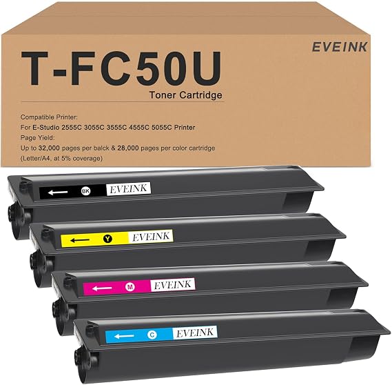 EVEINK TFC50U T-FC50U Toner Cartridge Replacement for T-FC50U-K T-FC50U-C T-FC50U-M T-FC50U-Y Toner Cartridge Work with E-Studio 2555c 3055c 3555c 4555c 5055c Printer (4-Pack)