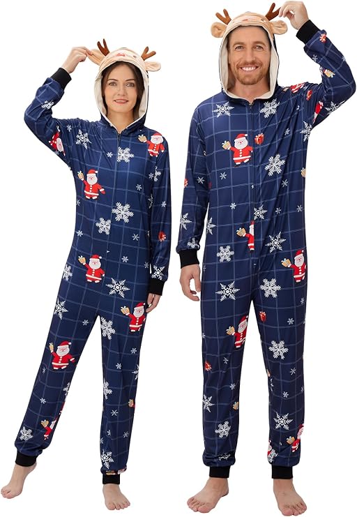 URMAGIC Matching Couple Pajamas Christmas Pajamas for Women Mens Adult Pjs Xmas One Piece Sleepwear Hooded Zipper Jumpsuit