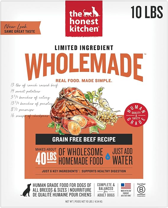 The Honest Kitchen Human Grade WholemadeTM Dehydrated Dog Food, Limited Ingredient Dehydrated Dog Food, Beef, 10 lb (makes 40lbs)