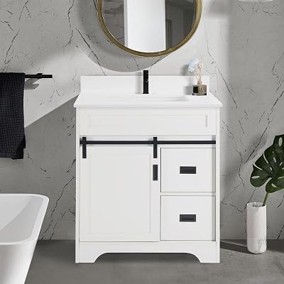 EASTALOLO White Bathroom Vanity Set with Sink 30 Inch, Farmhouse Storage Cabinet with 2 Drawers and Sliding Barn Doors, Freestanding Bathroom Sink Vanity, MDFMetal 30 Inch