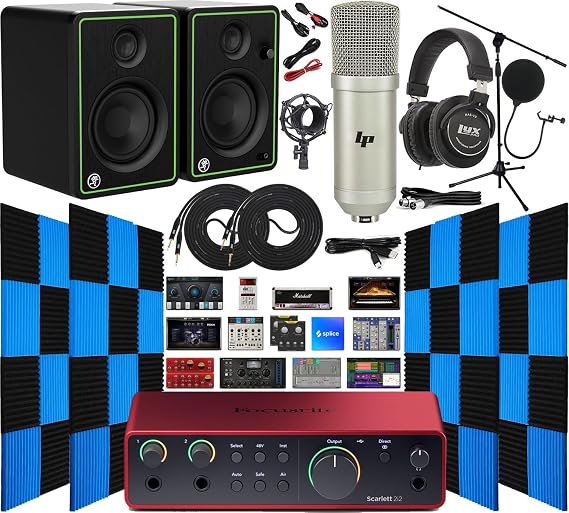Focusrite Scarlett 2i2 4th Gen USB Audio Interface Full Studio Bundle with Exclusive Creative Music Production Software Kit with CR3-X Multimedia Monitors and 24 Pack Acoustic Wedge Panels