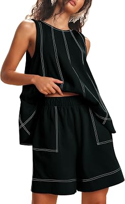 Women Two Piece Summer Outfits Lounge Set Casual Loose Sleeveless Tunic Tops and Shorts with Pockets Tracksuit Set