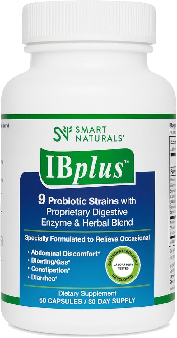 IBplus Probiotic, Digestive Enzyme & Herbal Blend, Improved Formula-60 Capsules!! for Irritable Bowel - Abdominal Pain, Constipation, Diarrhea, Gas/Bloating Proprietary Formula by Smart NaturalsTM