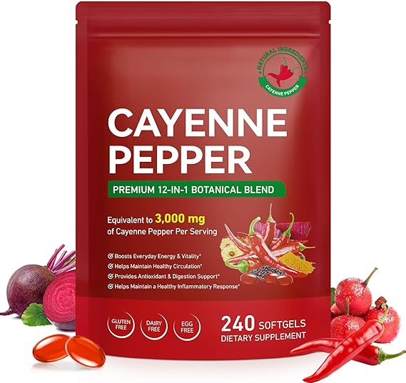 Cayenne Pepper Capsules, Cayenne Pepper Capsaicin Supplements Support Leg Vein, Heart Health and Blood Circulation, with Vitamin E D3 K2 and Extracts of Grape Seed, Beetroot and Turmeric, 240 Softgels