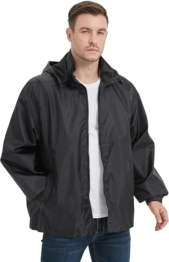 Mywu Men's Water-resistant Rain Jacket Lightweight Windbreaker Hooded Rain Coat for Adults Outdoor Hiking Camping