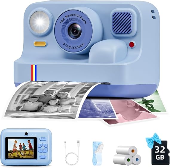 Instant Print Camera for Kids, Christmas Birthday Gifts for Girls Boys Age 3-15, 1080P Selfie Portable Digital Video Camera with 32GB SD Card, 3-Colored Print Paper- Blue