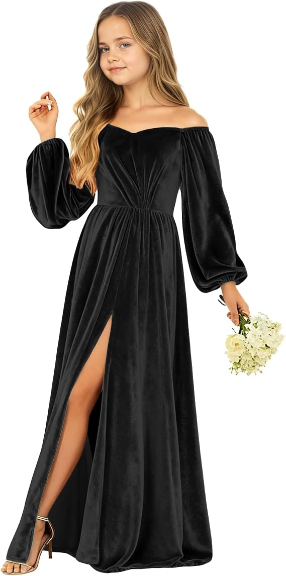 Off Shoulder Junior Bridesmaid Dresses Long Velvet Flower Girl Dress A Line Girls Formal Dress with Sleeves