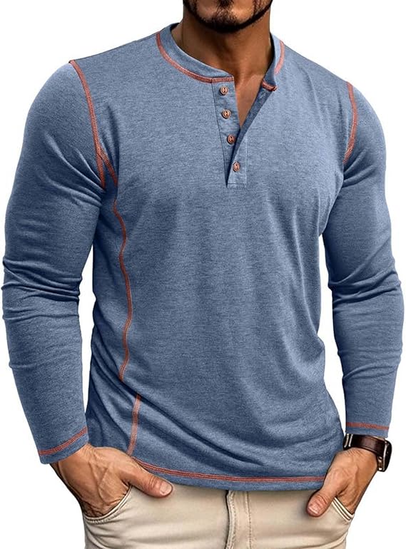 Henley Shirts for Men Gym Muscle Workout T-Shirt Button Crewneck Basic Golf Tops Lightweight Long Sleeve Pullover Tee