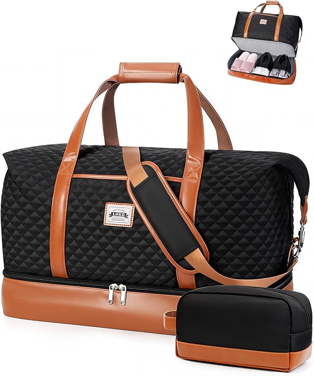 Weekender Bags for Women, Travel Duffle Bag Carry On Travel Bag Overnight Bag with Shoe Compartment Toiletry Bag, Large Weekend Tote Bag Gym Bag Hospital Bag for Labor and Delivery, 50L Quilted Black