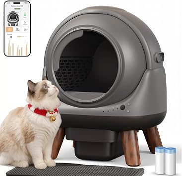 Automatic Litter Box with App Control, Smart Self Cleaning Cat Litter Box Easy Clean Disassembly,Suitable for Medium Cats, Electric Cat Toilet Robot for Multiple Cats Self Scooping Dark Grey