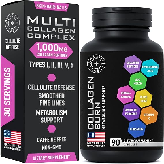 Multi Collagen Burn for Women & Men - 1,000mg Type I, II, III, V, X Hydrolyzed Collagen Peptides, Hyaluronic Acid, Vitamin C - Metabolism, Cellulite, Skin Elastisity Support - 90 Collagenic Burn Caps