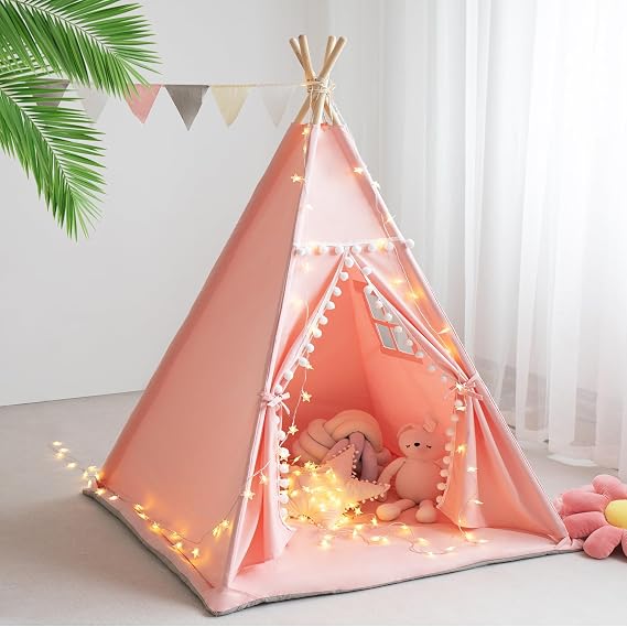 RONGFA Teepee Tent for Kids with Mat, Star Lights, Carry Case, Cotton Canvas Playhouse, Foldable Tents, Portable Children Play Tent Indoor Outdoor (Pink)