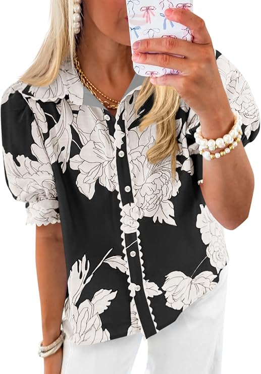 Cicy Bell Womens Summer Floral Tops Puff Sleeve Button Down Loose Blouses