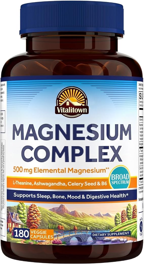 Vitalitown Magnesium Complex Supplement, Magnesium Glycinate, Citrate & Taurate, L-theanine, Ashwagandha, Celery Seed, Vitamin B6, Bone, Mood, Sleep, Heart Health, 180 Veggie Capsules
