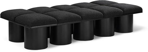 Meridian Furniture 466Black-10D Pavilion Collection Art Deco Bench with Rich Black Boucle Fabric and Black Finished Oak Veneer, 77.5" W x 36" D x 17.5" H