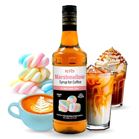 RIO Marshmallow Coffee Syrup for Hot or Iced Drinks and Desserts, Sweet and Fluffy, Flavoring Sweetened with Pure Cane Sugar, Barista-Grade Flavor Syrups For Coffee Drinks at Home & Work - 700ml