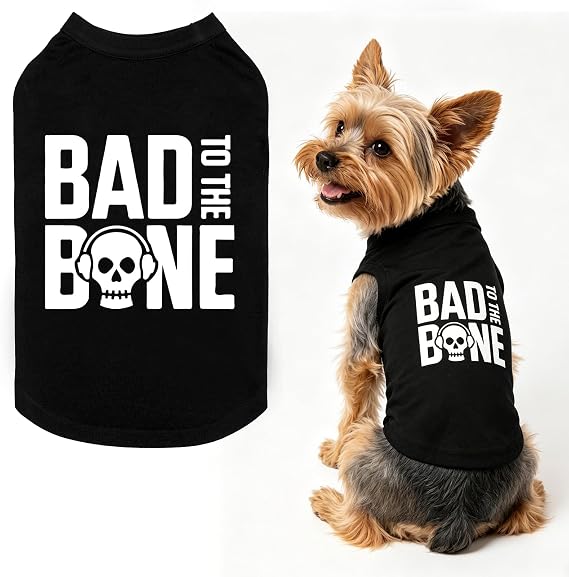 BINGPET Bad to The Bone Dog Shirt, Soft Cotton T-Shirt, Halloween Costumes | Bad Bone T Shirts, Breathable Lightweight Tank Top Vest, Machine Washable Stretchy Clothes for Small Dogs Boy Girl, XS