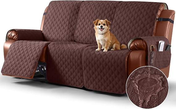 Ruaozz Waterproof Recliner Couch Covers, Non-Slip Sofa SlipCover, 3 Seater | Coffee, Washable Couch Covers for Recliner Sofa, Elastic Straps, Side Pockets, Furniture Protector for Kids Pets Dogs