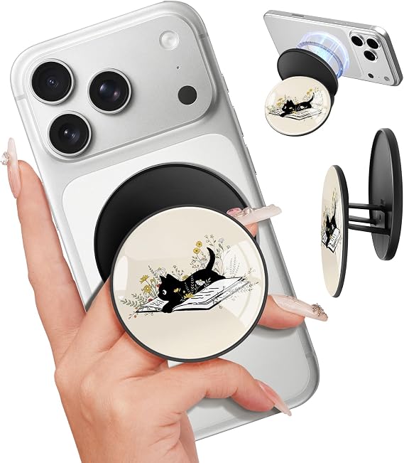 Magnetic Phone Grip, Cute Finger Grip Phone Stand, Black Cat