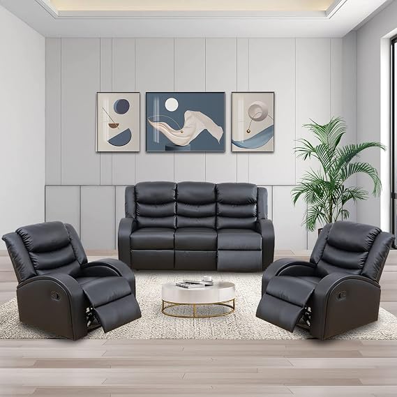 Reclining Living Room Furniture, Recliner Sofa Set Faux Leather, Manual Recliner Couch and Chairs for Office Apartment (3 Piece, Black)