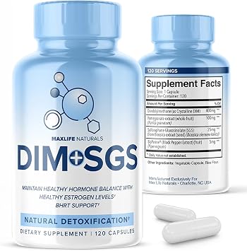 DIM+SGS with Detox Support 120 Capsules Made in USA, Estrogen Support for Women with BioPerine, Natural Estrogen Supplement Menopause, DIM Supplement Women & Men, Prostate Hormone Balance for Men