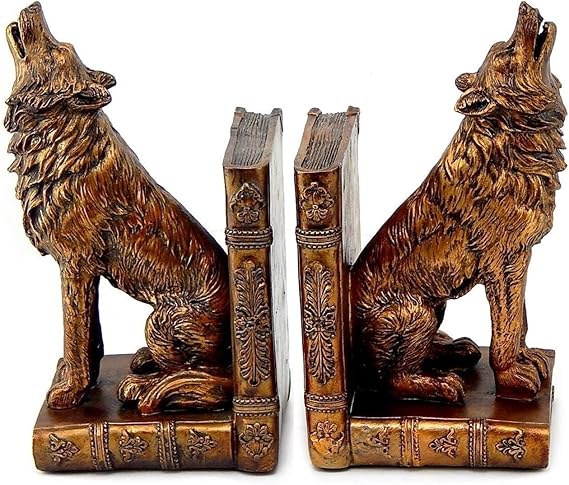 Bellaa Viking Wolf Bookends Set of 2 - Non-Slip Heavy Duty Book Stoppers, Rustic Cabin Decor for Office & Home Howling Wolves Animal 26362