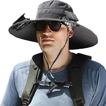 Men's Wide Brim Solar Fan Outdoor Fishing Hat in Grey - includes 2 Solar Fans, Medium, Black