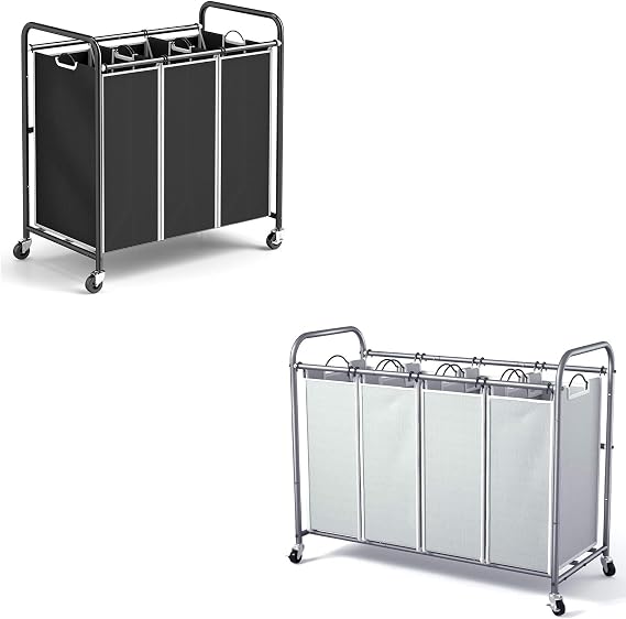 ROMOON Laundry Sorter 4 Section and 3 Section, Separated Laundry Hamper Cart with Wheels and Removable Bags, Rolling Laundry Basket Organizer for Dirty Clothes, Grey & Black
