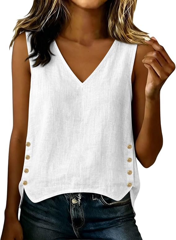 JOAU Tank Top for Women Trendy Beach Vacation Clothes Summer Sleeveless V Neck Side Button Boho Shirts Dressy Casual Blouse