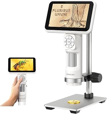 LM115 LCD Digital Coin Microscope for Adults and Kids, 5 Handheld Coin Magnifier with Screen, Anti-Shake, 12MP Portable Microscope Camera with 8 LED Lights, PC View, Metal Stand, 1080P Video