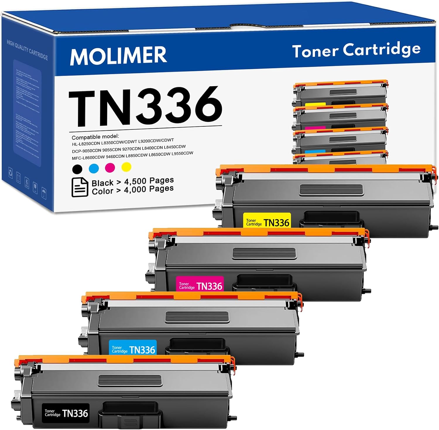 TN336 TN-336 Toner Cartridges 4 Pack: Replacement for Brother TN336BK TN-336 TN331 Toner Compatible with HL-L8250CDN L8350CDW L9200CDW MFC-L8600CDW L8850CDW L9550CDW Black Cyan Magenta Yellow,4 Pack