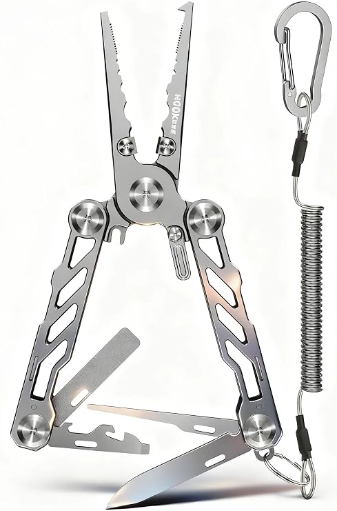 HOOK-EZE Folding Fishing Pliers, 5-in-1 Saltwater Resistant Multitool with Tungsten Line Cutters, Hook Remover, Knife, Screwdriver, Bottle Opener, Sheath & Lanyard for Outdoor, Camping & Fishing