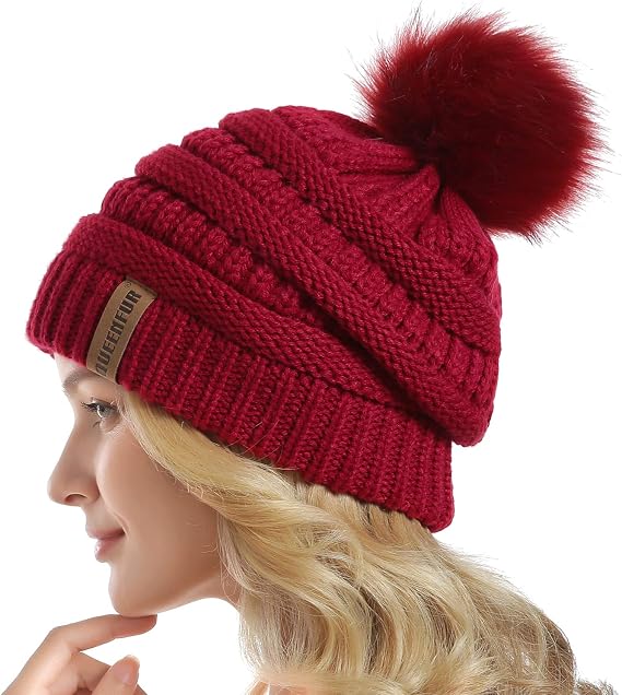 Women Knit Slouchy Beanie Chunky Baggy Hat with Faux Fur Pompom Winter Soft Warm Ski Cap