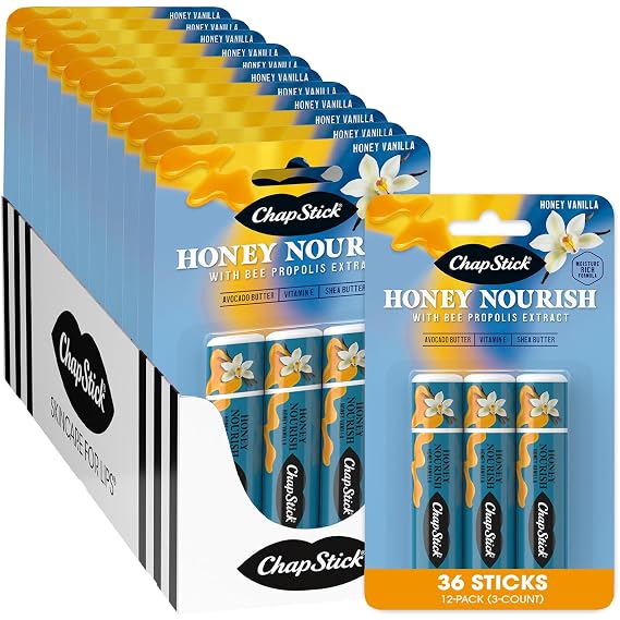 ChapStick Bulk Lip Balm, Honey Vanilla 3-Packs (12 Sets/36 Tubes) Honey Nourish Lip Care Formula with Bee Propolis Extract, 0.15 Oz Ea