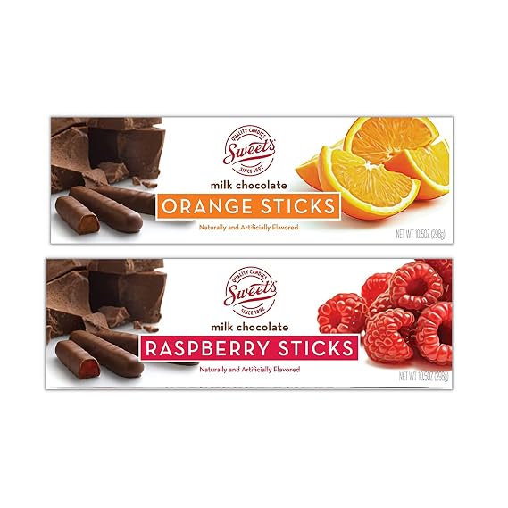 Chocolate Raspberry and Orange Sticks Bundle. Includes 2 Boxes of Sweet Sticks. 1 Box of Milk Chocolate Orange Sticks & 1 Box of Milk Chocolate Raspberry Sticks!  With a BELLATAVO Fridge Magnet!