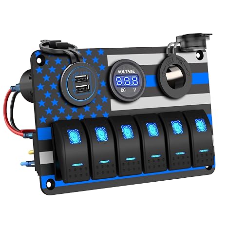 IZTOSS 6 Gang Switch Panel Waterproof Rocker Switch Panel Aluminum American Flag Design Marine Swtich Panel with Dual USB Charger, Digital Voltmeter, Power Socket for Boat Car RV
