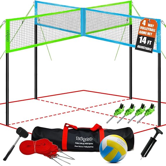 Zdgao 14 ft/20 ft 4-Way Volleyball and Badminton Combo Net with Soft Volleyball, Rubber Hammer and Carry Bag, Adjustable Height Four Square Volleyball Game Set for Backyard and Beach