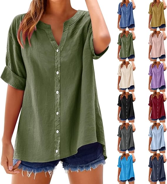 Tops for Women Trendy Summer Short Sleeve V Neck Button Down Blouse Casual Solid Cotton Linen Shirt Vacation Fashion