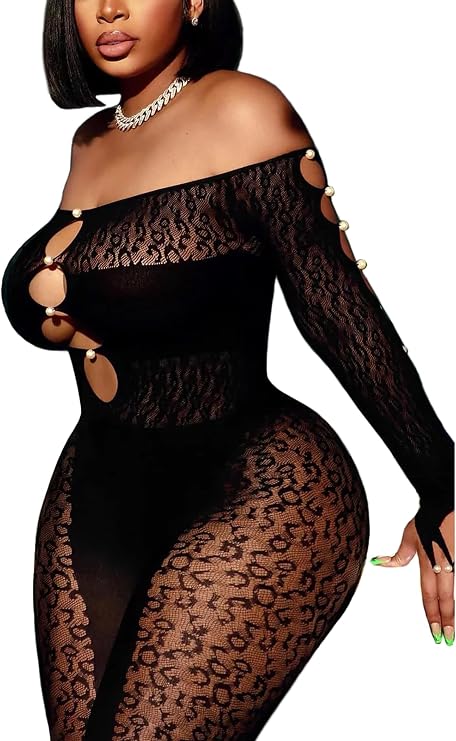 Avidlove Off Shoulder Fishnet Bodysuit Long Sleeve Cut Out Pearl Clubwear