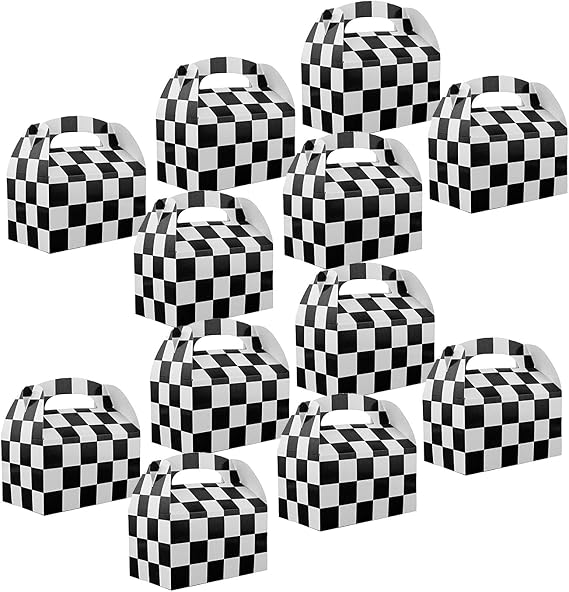 Adorox Set of 12 Checkered Racing Treat Boxes - Race Car Theme Party Favors for Birthday Parties, Events, and Celebrations