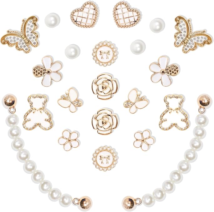 WAQYGZO 22 Pcs Bling Shoe Charms Chain Accessories for Women Pearl Flower Butterfly Clog Shoe Decoration Charms Rhinestone Shoes Charms Bling Cute Decor for Party Birthday