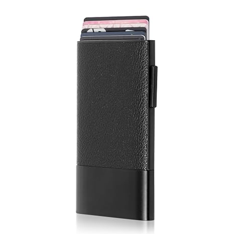Fidelo Minimalist Sliding Men's Metal Wallets - Pop Up Card Wallet with Leather & Aluminum Construction - Quick & Secure Card Access - Trigger Wallets Men - Black