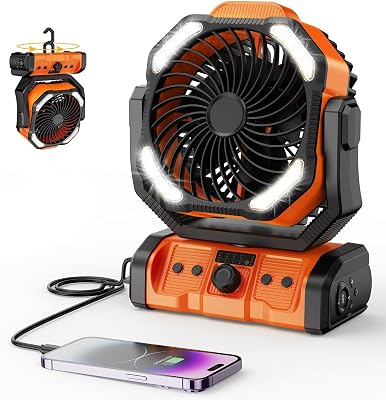 CAMPERFECT Camping Fan with Light, 20000mAh Rechargeable Powered Portable Fan with LED Light & Hanging Hook, 4 Speeds Quiet Outdoor Fans for Tent, Travel, Emergency, BBQ, and Home Use Orange