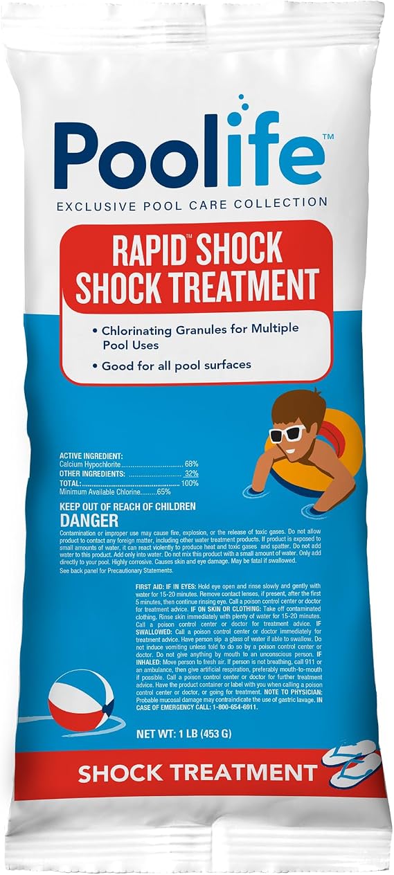 Poolife Rapid Shock for Pool Algae, Bacteria, Contaminant Removal - Fast-Dissolving, CYA-Free Calcium Hypochlorite Pool Shock for Clean Water - Chlorine Granules for Above/Inground Pools - 1lbx12 Bag