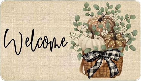 Fall Door Mat Outside,Pumpkin Eucalyptus Welcome Mat for Front Door,Thanksgiving Autumn Indoor Outdoor Non-Slip Rugs,Fall Doormat for Farmhouse Home Porch Decorations (Brown 30" x 17")