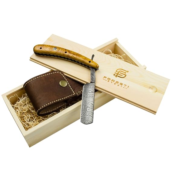 Forseti Steel Throat Cutter Handmade Damascus Steel Straight Razor Traditional Wet Shave Tool with Olive Wood Handle