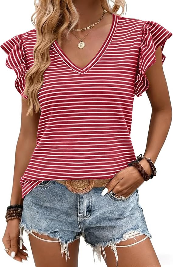 JUSTFASHIONNOW Womens Summer Tops Striped T-Shirts Ruffle Short Sleeve V Neck 2026 Casual Tee Trendy Blouses
