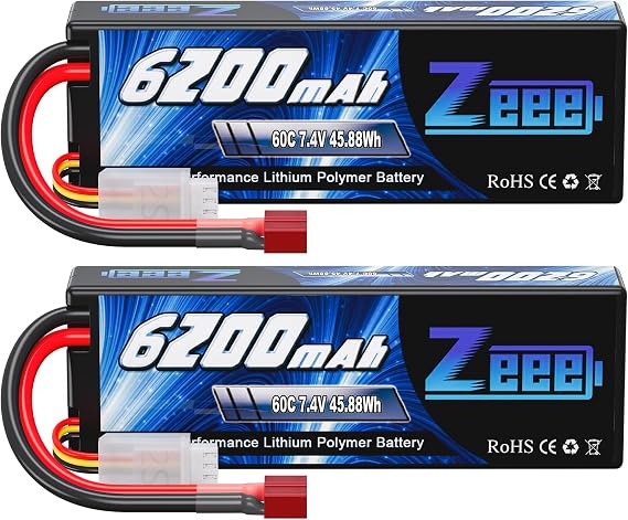 Zeee 2S Lipo Battery 6200mAh 7.4V 60C with T Connector (2 Pack)
